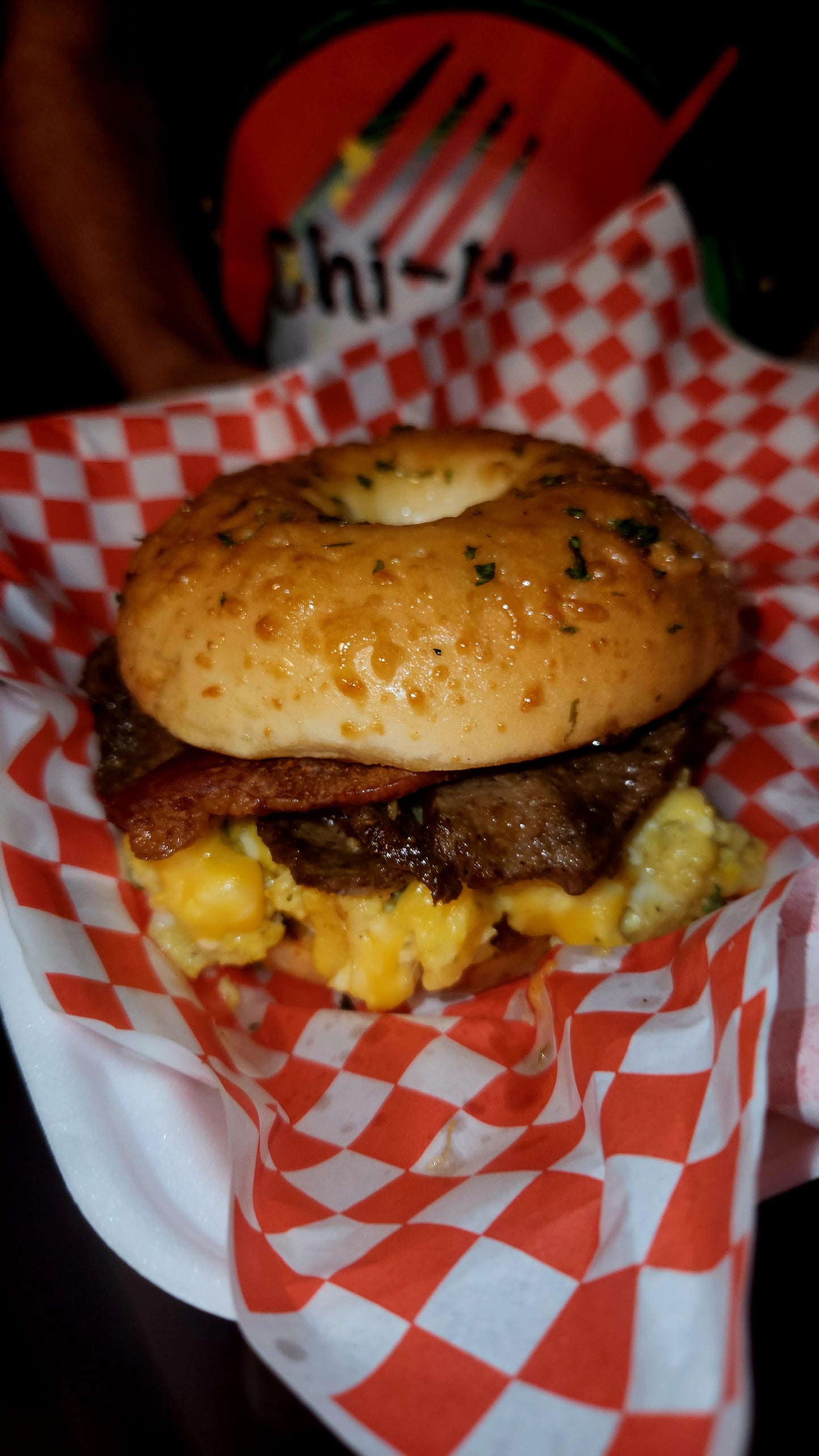 STEAK, BACON, EGG, AND CHEESE BAGEL