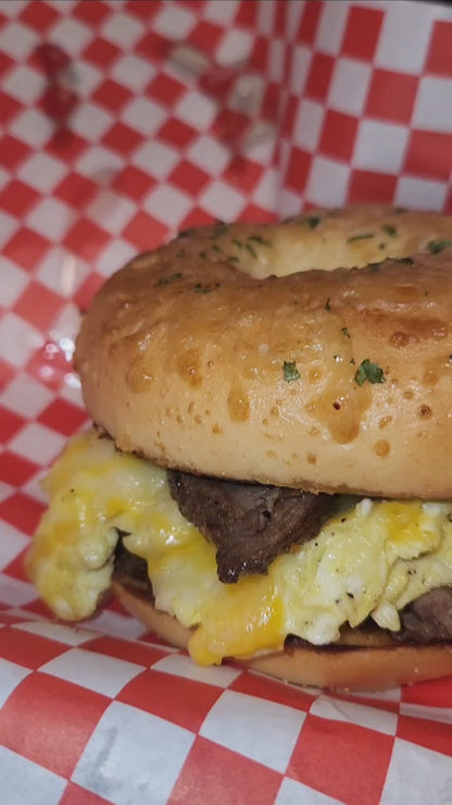 STEAK, EGG, AND CHEESE BAGEL